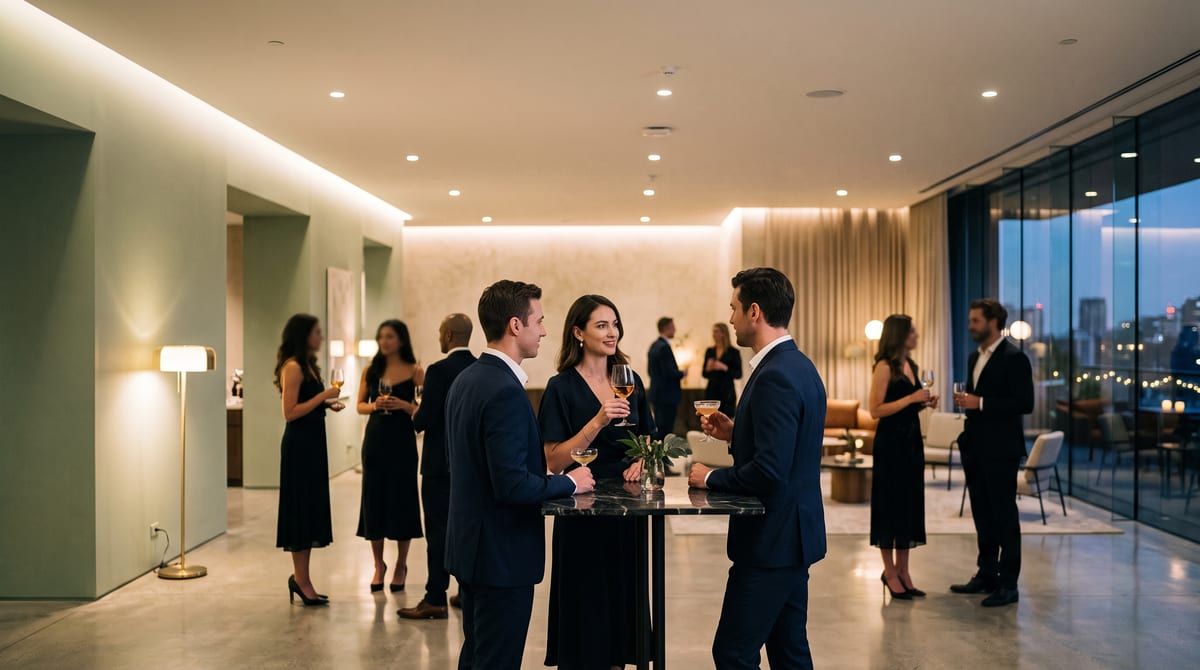 Guests at an iCreate Agency evening event in a warmly lit contemporary space